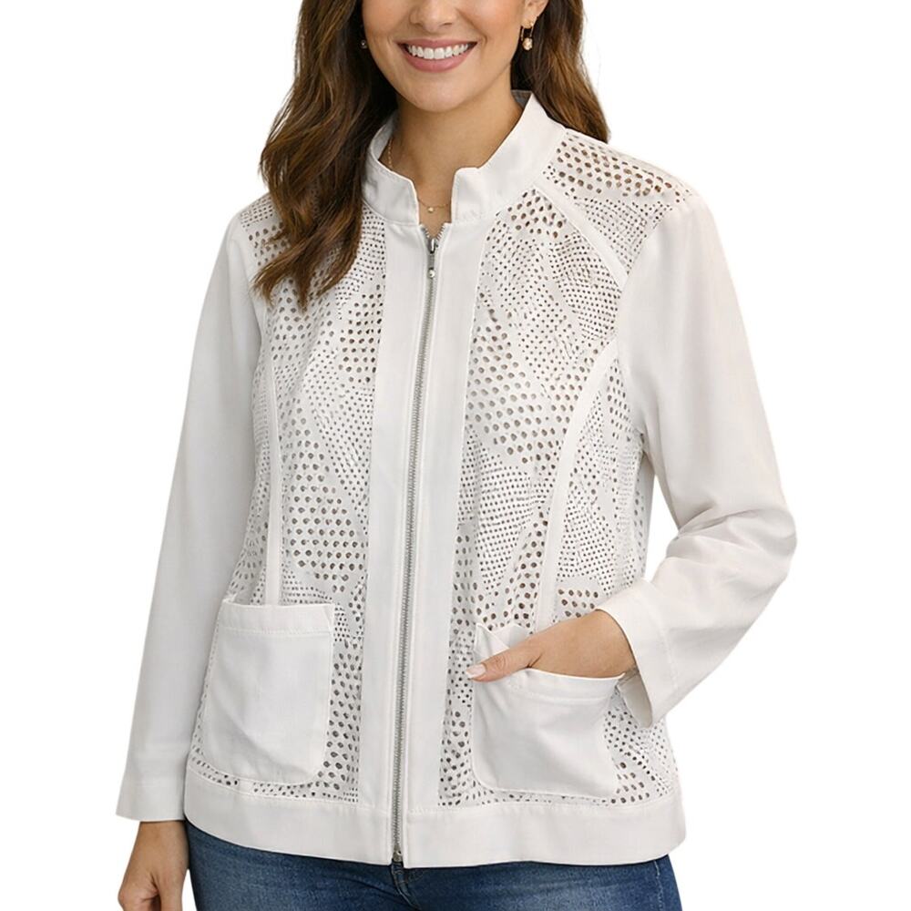 Swim Jacket Cover Up Women's Medium White Eyelet Mesh Zenergy by Chico’s 1